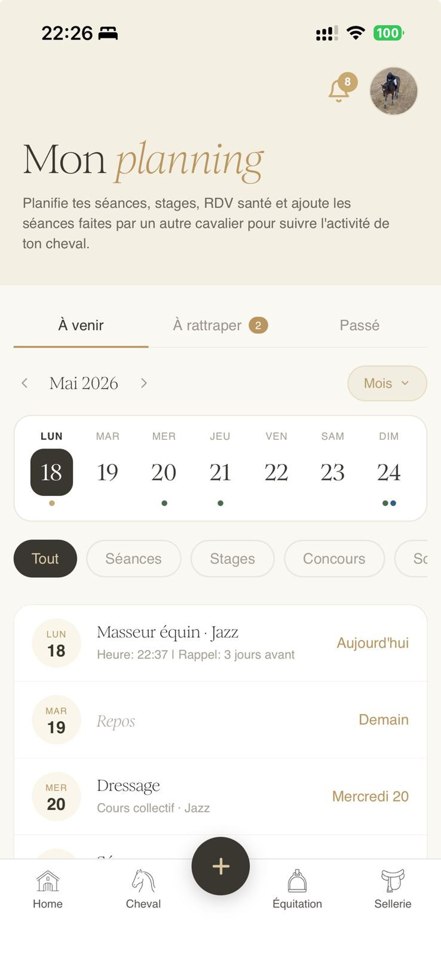 Planning des séances à venir